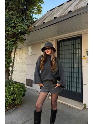 Laluvia Antrasit Fitilli Oversize Kazak - 26808