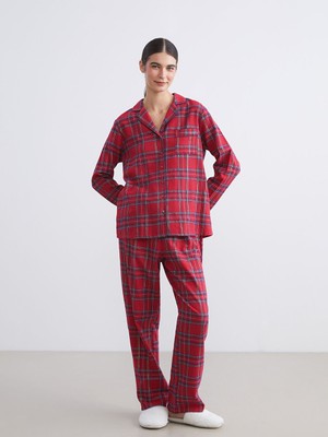 LC Waikiki Dream Kırmızı Gömlek Yaka Ekose Kadın Pijama Takımı