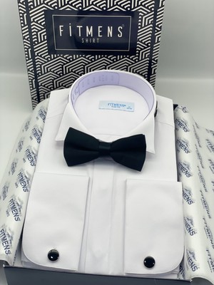 Fitmens Slim Fit Uzun Kol Ata Yaka Gizli Düğmeli Smokin Damatlık Erkek Gömlek FS-004297 - Beyaz