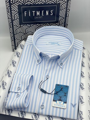 Fitmens Slim Fit Uzun Kol Likralı Çizgili Yaka Düğmeli Hediye Kutulu Erkek Gömlek FS-003669 - Buz Mavi