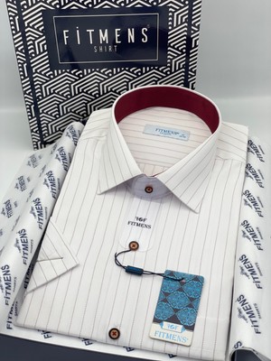 Fitmens Klasik Kısa Kol Çizgli Hediye Kutulu Erkek Gömlek FS-004162 - Beyaz Bordo