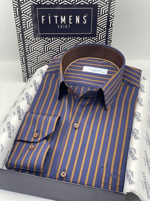 Fitmens Klasik Uzun Kol Premium Çizgili Hediye Kutulu Erkek Gömlek FS-003941 - Lacivert Kahve