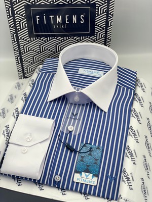 Fitmens Klasik Uzun Kol Cepsiz Yaka Manşet Beyaz Hediye Kutulu Erkek Gömlek FS-004328 - Saks Mavi Beyaz