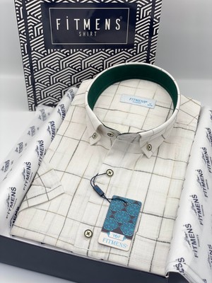 Fitmens Klasik Kısa Kol Kareli Keten Cotton Yaka Düğmeli Hediye Kutulu Erkek Gömlek FS-003573 - Beyaz Yeşil