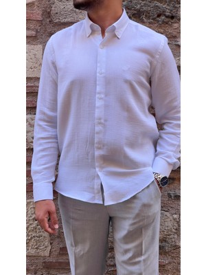Fitmens Slim Fit Uzun Kol Müslin Pamuk Rahat Nefes Alabilen Kumaştan Yaka Düğmeli Hediye Kutulu Erkek Gömlek FS-004202 - Beyaz