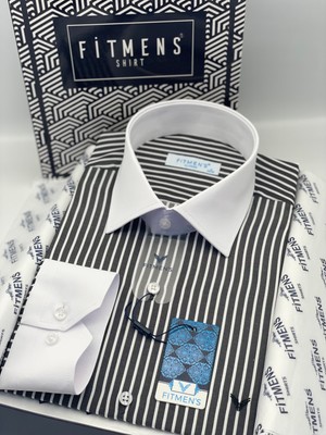 Fitmens Klasik Uzun Kol Cepsiz Yaka Manşet Beyaz Hediye Kutulu Erkek Gömlek FS-004328 - Siyah Beyaz
