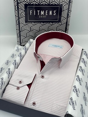 Fitmens Klasik Uzun Kol Nokta Desenli Hediye Kutulu Erkek Gömlek FS-001259 - Beyaz Bordo