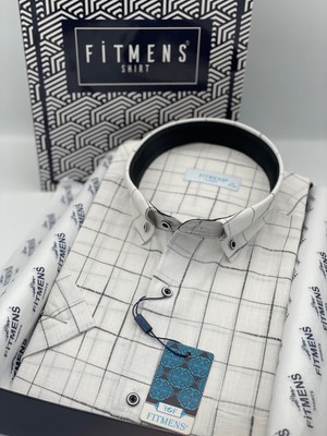 Fitmens Klasik Kısa Kol Kareli Keten Cotton Yaka Düğmeli Hediye Kutulu Erkek Gömlek FS-003573 - Beyaz Siyah