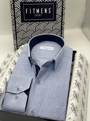 Fitmens Klasik Uzun Kol Keten Cotton Hediye Kutulu Erkek Gömlek FS-001261 - Mavi