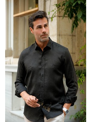 Fitmens Slim Fit Uzun Kol %100 Keten Nefes Alabilen Kumaştan Hediye Kutulu Erkek Gömlek FS-004170 - Siyah