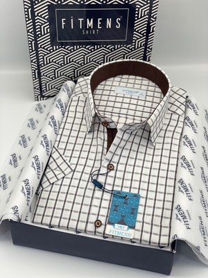 Fitmens Klasik Kısa Kol Kareli Hediye Kutulu Erkek Gömlek FS-004155 - Beyaz Kahve