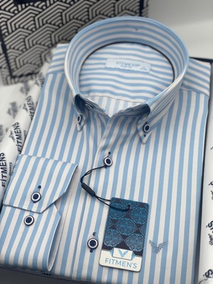 Fitmens Slim Fit Uzun Kol Likralı Çizgili Yaka Düğmeli Hediye Kutulu Erkek Gömlek FS-003669 - Açık Mavi