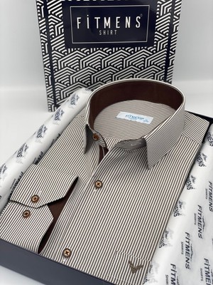 Fitmens Klasik Uzun Kol Ince Çizgili Cepli Hediye Kutulu Erkek Gömlek FS-003317 - Beyaz Kahve