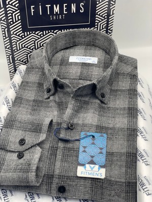 Fitmens Klasik Uzun Kol Kışlık %100 Cotton Kareli Yaka Düğmeli Hediye Kutulu Erkek Gömlek FS-003135 - Açık Lacivert