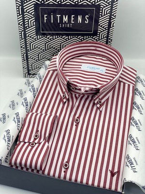 Fitmens Slim Fit Uzun Kol Likralı Çizgili Yaka Düğmeli Hediye Kutulu Erkek Gömlek FS-003669 - Bordo