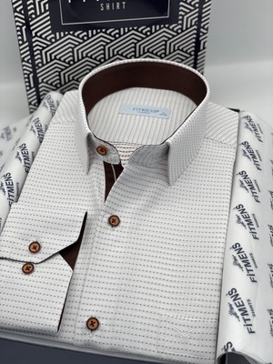 Fitmens Klasik Uzun Kol Nokta Desenli Hediye Kutulu Erkek Gömlek FS-001259 - Beyaz Kahve