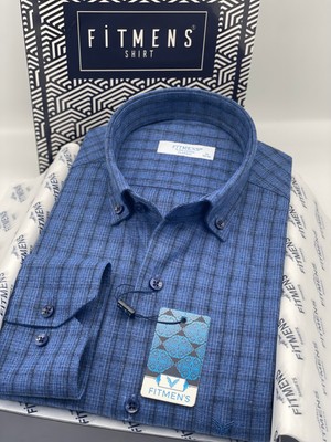 Fitmens Klasik Uzun Kol Kışlık Kareli Yaka Düğmeli Pamuklu Hediye Kutulu Erkek Gömlek FS-004342 - Saks Mavi
