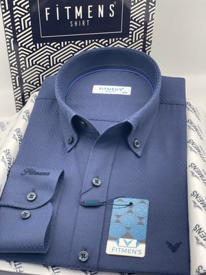 Fitmens Slim Fit Uzun Kol Baklava Desen Kol Nakışlı Yaka Düğmeli Hediye Kutulu Şık Erkek Gömlek FS-004200 - Lacivert