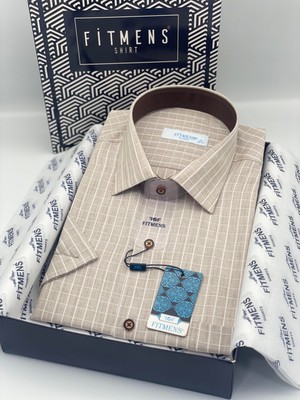 Fitmens Klasik Kısa Kol Kareli Hediye Kutulu Erkek Gömlek FS-004158 - Bej