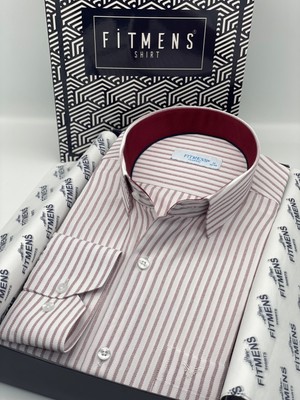 Fitmens Klasik Uzun Kol Çizgili Hediye Kutulu Erkek Gömlek FS-003864 - Beyaz Bordo