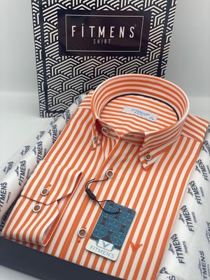 Fitmens Slim Fit Uzun Kol Likralı Çizgili Yaka Düğmeli Hediye Kutulu Erkek Gömlek FS-003669 - Turuncu