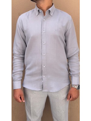Fitmens Slim Fit Uzun Kol Müslin Pamuk Rahat Nefes Alabilen Kumaştan Yaka Düğmeli Hediye Kutulu Erkek Gömlek FS-004202 - Gri