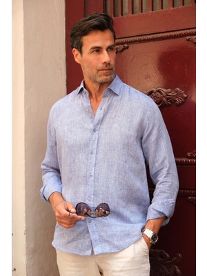 Fitmens Slim Fit Uzun Kol %100 Keten Nefes Alabilen Kumaştan Hediye Kutulu Erkek Gömlek FS-004170 - Saks Mavi