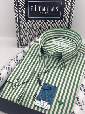 Fitmens Slim Fit Uzun Kol Likralı Çizgili Yaka Düğmeli Hediye Kutulu Erkek Gömlek FS-003669 - Yeşil
