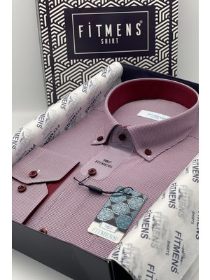 Fitmens Klasik Uzun Kol Pöti Kareli Yaka Düğmeli Hediye Kutulu Erkek Gömlek FS-002273 - Bordo