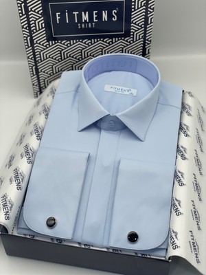 Fitmens Slim Fit Uzun Kol Gizli Düğmeli Likralı Smokin Damatlık Erkek Gömlek FS-004296 - Mavi