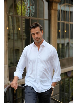 Fitmens Klasik Uzun Kol Cepsiz Keten Yaka Alttan Düğmeli Hediye Kutulu Erkek Gömlek FS-003686 - Beyaz