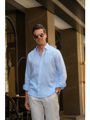 Fitmens Slim Fit Uzun Kol %100 Keten Nefes Alabilen Kumaştan Hediye Kutulu Erkek Gömlek FS-004170 - Mavi