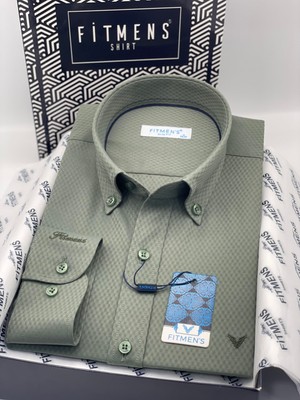 Fitmens Slim Fit Uzun Kol Baklava Desen Kol Nakışlı Yaka Düğmeli Hediye Kutulu Şık Erkek Gömlek FS-004200 - Yeşil