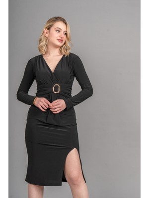 Missvina Aura Kuşaklı Yarı Kruvaze Yırtmaçlı Elbise 50358