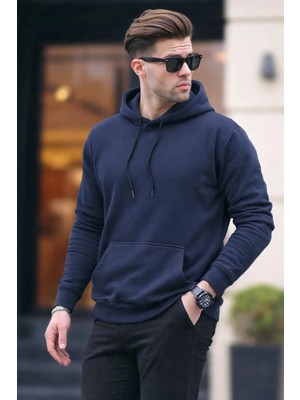 Damga Erkek Casual Kanguru Cepli Bol Mavi Sweatshirt