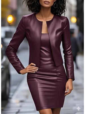 Arben Boutique Kadın Uzun Kollu Önü Açık Deri Ceket ve Askılı Yuvarlak Yakalı Mini Elbise Ikili Takım