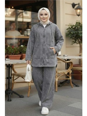 Kadın Kapüşonlu Cepli Koyu Kot Gri Tunik Pantolon Takım