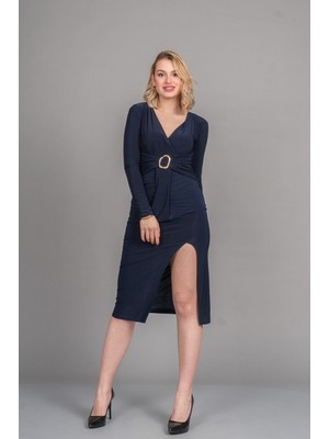 Missvina Aura Kuşaklı Yarı Kruvaze Yırtmaçlı Elbise 50358