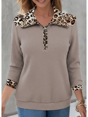 Gökyüzü Moda Kadın Uzun Kollu Leopar Yakalı Fermuarlı Waffle Bluz