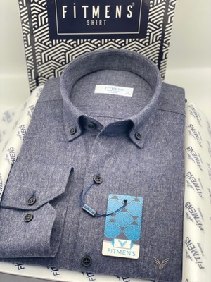 Fitmens Klasik Uzun Kol Kışlık Oduncu %100 Cotton Filafil Yaka Düğmeli Pamuklu Hediye Kutulu Erkek Gömlek FS-003136 - Lacivert Bej