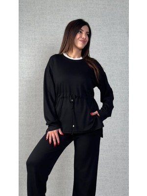 Nidam Butik Kadın Uzun Kollu Bisiklet Yaka Belden Büzgülü Bağcıklı Viskon Iki Iplik Bluz ve Pantolon Ikili Takım