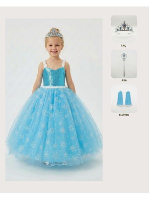 Butik Happy Kids Frozen Elsa Kostümü Askılı Kız Çocuk Prenses Elbisesi Taç Asa Eldiven Hediyeli