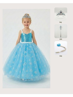 Butik Happy Kids Frozen Elsa Kostümü Askılı Kız Çocuk Prenses Elbisesi Taç  Asa Saç Hediyeli