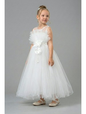 Mnk Baby & Kids Kız Çocuk Katlı Gün Abiye Elbise MNK0475 Beyaz Renkli Şık Silüet