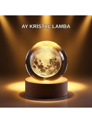 USB Işıklı Ay Kristal Küre 3D Oyma Tasarım Ahşap Standlı Gece Lambası