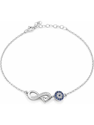 Gümüş Taşlı Sonsuzluk Ve Göz Bileklik Kalpli Gümüş Bayan Bileklik