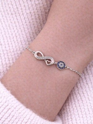 Gümüş Taşlı Sonsuzluk Ve Göz Bileklik Kalpli Gümüş Bayan Bileklik