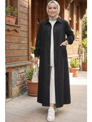 Kadın Düğmeli Cepli Denim Siyah Uzun Kot  Kap