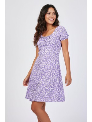 Volanlı Lila Kısa Kollu Viskon Elbise