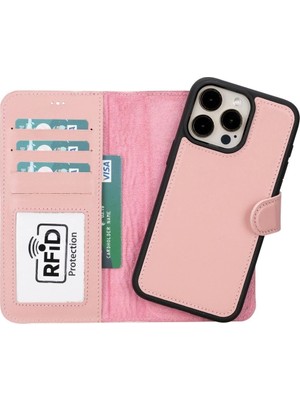 Apple iPhone 15 Pro Max Uyumlu Deri Cüzdanlı Kılıf Mwwn Nu2 Pembe